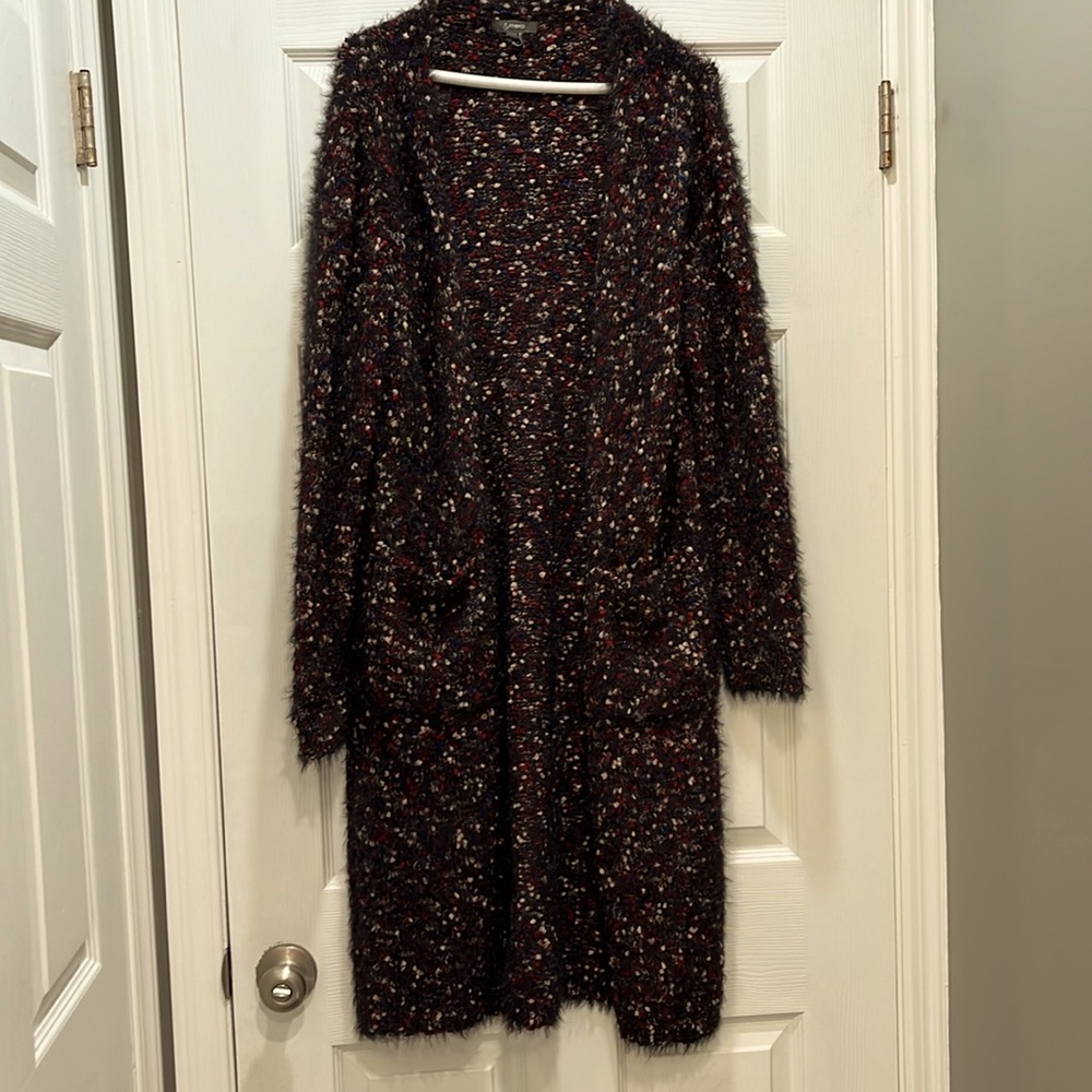 Ladies black, multicolor speckled cardigan sweater coat, size M.